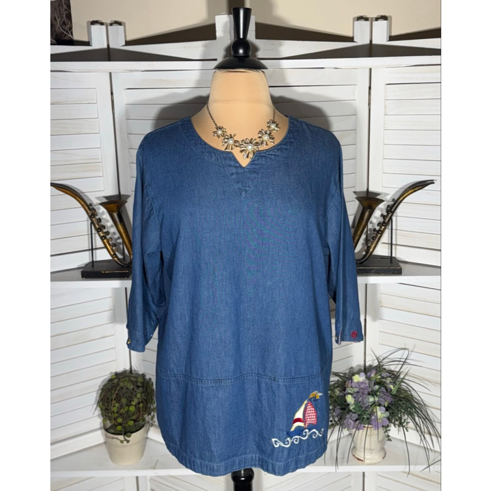 Vintage chambray tunic blouse embroidered nautical blue cotton plus size 2X